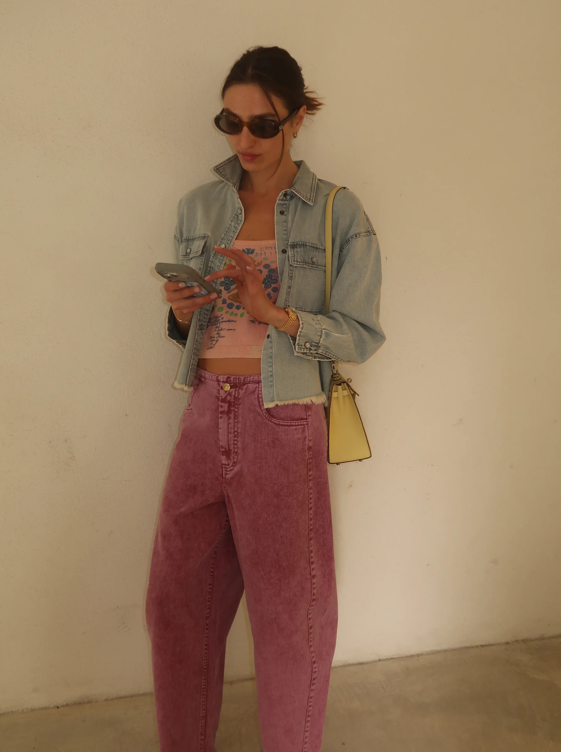 Cropped button-up denim shirt