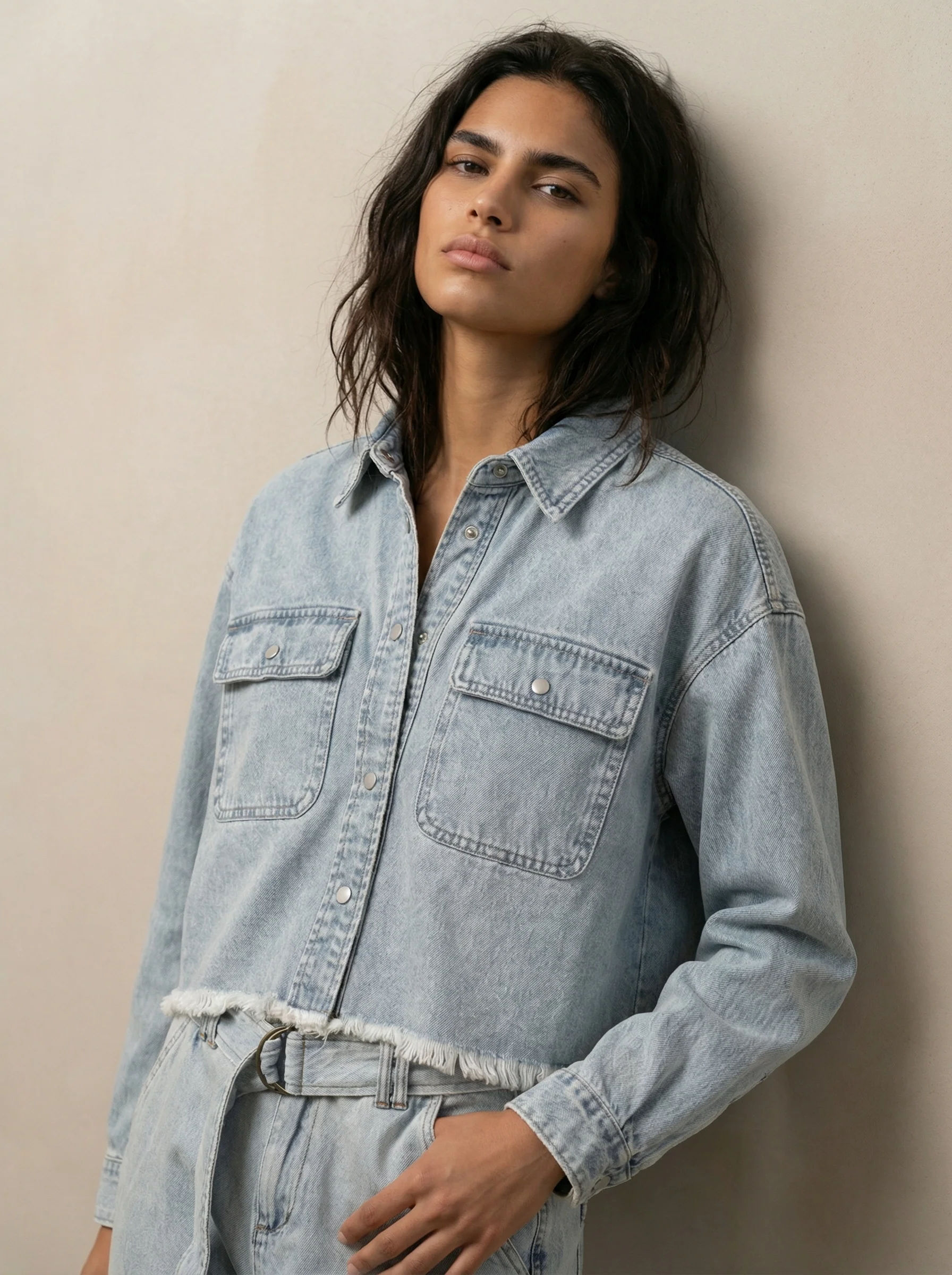 Cropped button-up denim shirt - Image 3
