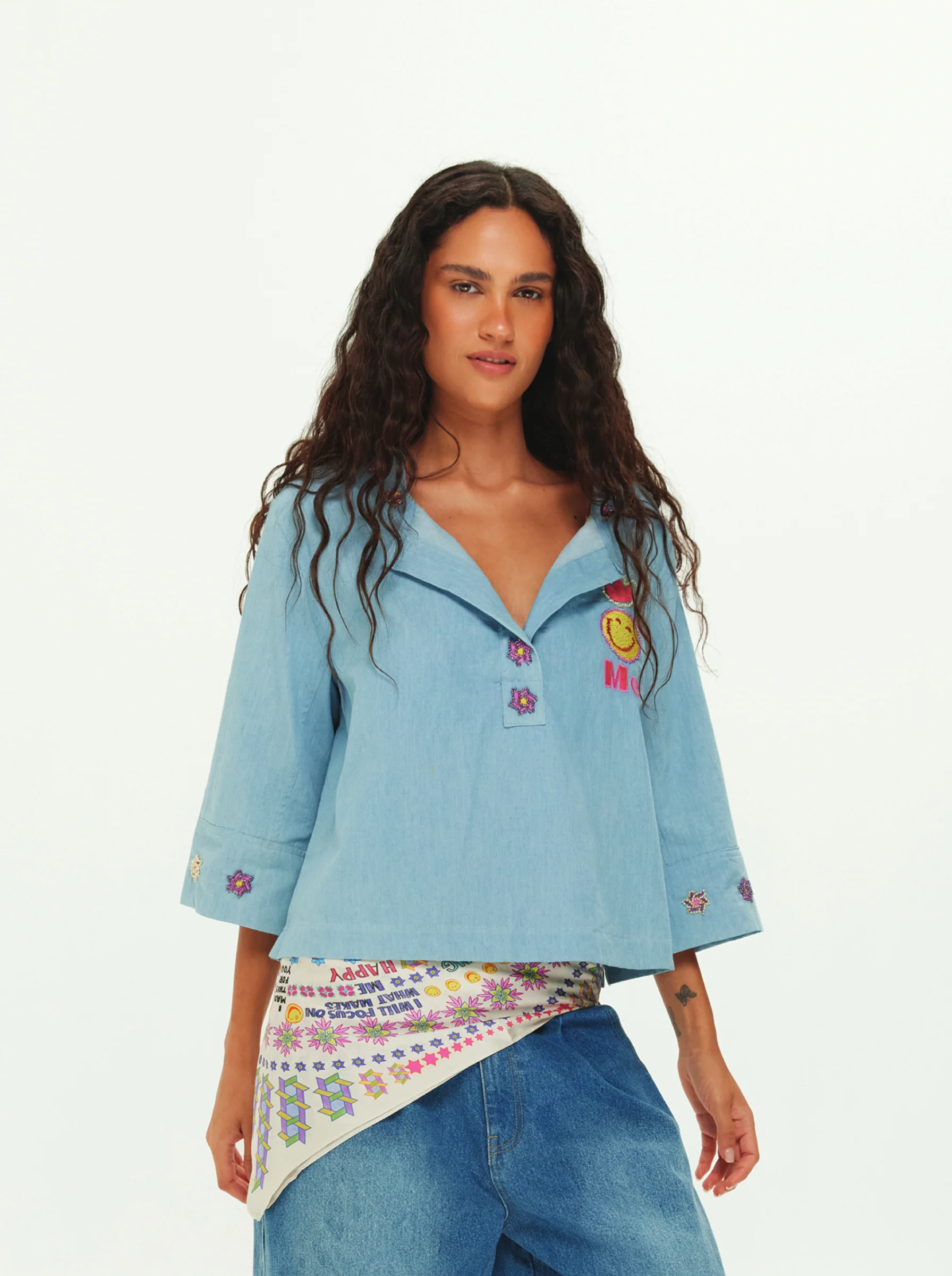 Lily Embroidered Boxy Denim Shirt